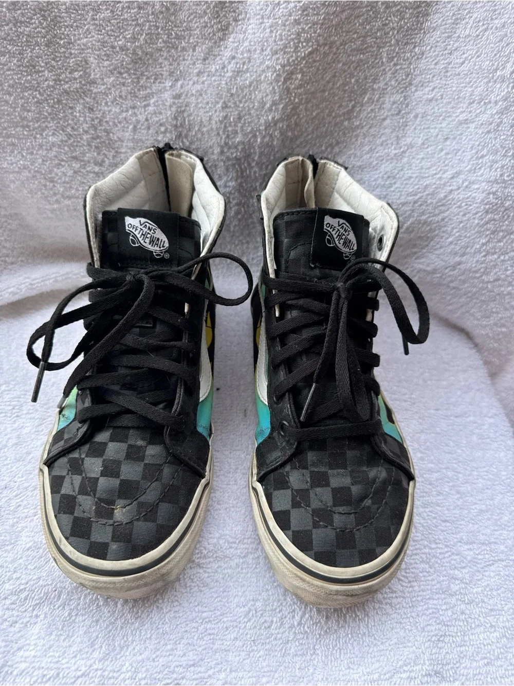 Vans Kids' High-Top Checkerboard Sneakers in Black with Teal Accent